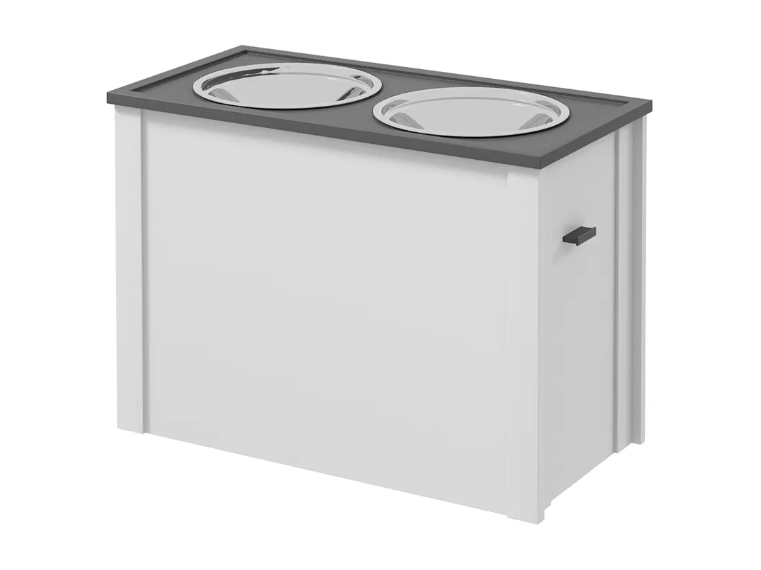 Gamelle double chien - porte-gamelles surélevé rangement 2 en 1 - tiroir, 2 gamelles - acier inox. MDF gris blanc