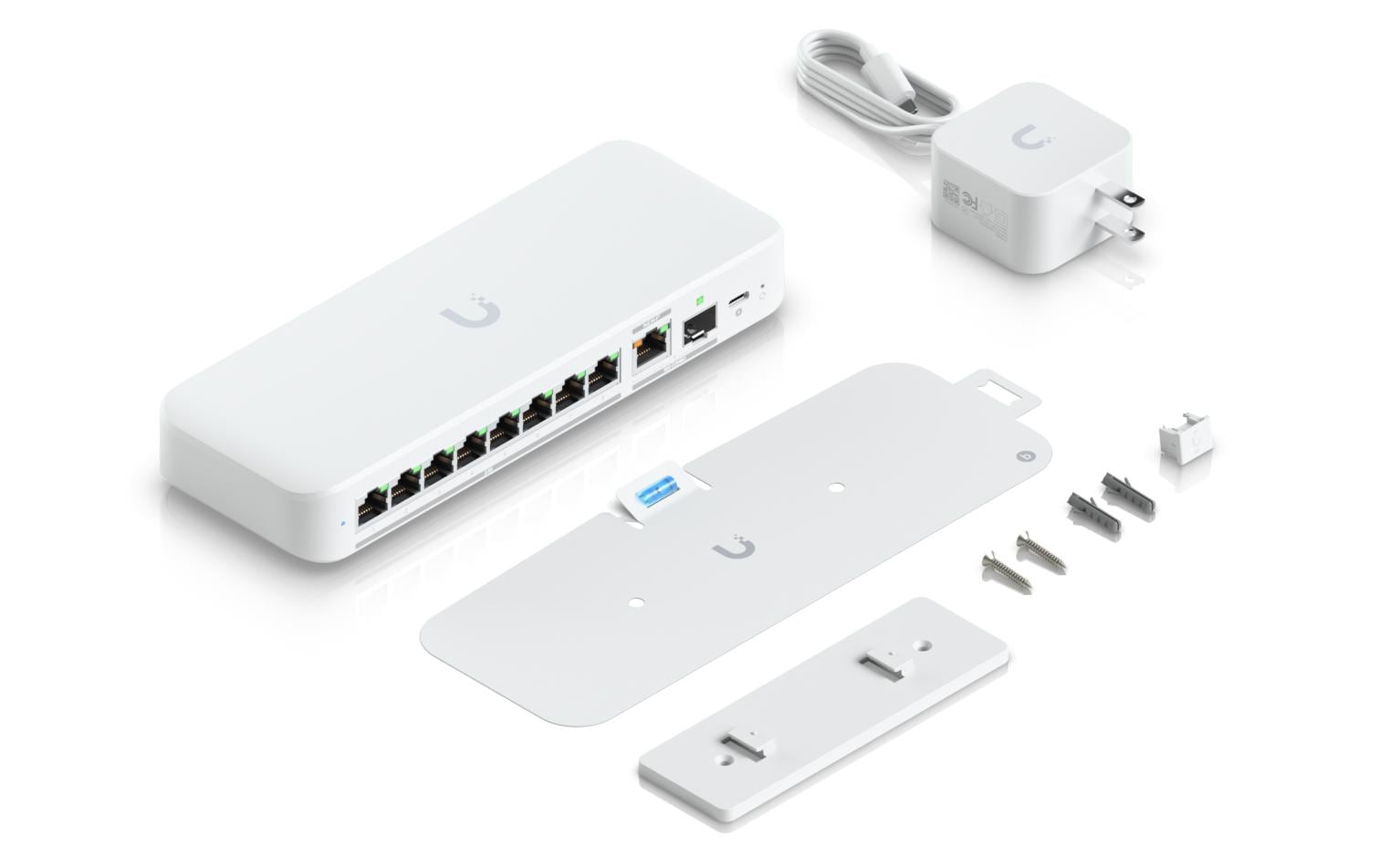 Switch UniFi Flex 2.5G 9 Port<br>Kompakter 8-Port 2.5-GbE-Switch mit 10-GbE-RJ45/SFP+-Uplink und flexibler Stromversorgung über USB-C oder PoE+