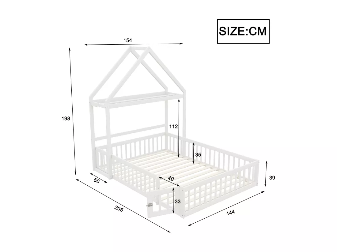 Lit enfant cabane 140x200cm en bois massif - avec tringle à vêtements - Blanc