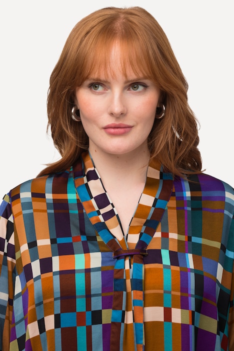 Long-Tunika, Satin, A-Linie, V-Ausschnitt, Langarm