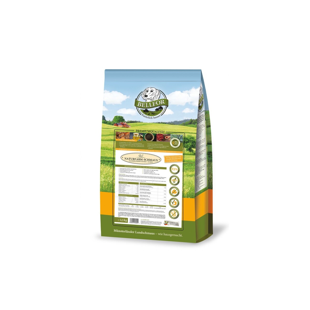 Bellfor Sparset von für mittelgroße Hunde mit Leishmaniose - Naturfarm-Schmaus 2,5 kg + Landgut-Happen 200 g + mmun Pulver 250 g