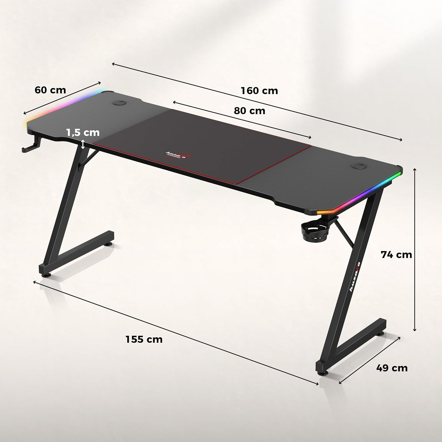 huzaro Hero 4.8 RGB | LED Gaming PC Tisch XXL Schreibtisch | Inklusive Mauspad | Kopfhörerhaken Getränkehalter | Kabelorganisator | Carbon Tischplatte | Stabiler Computertisch | 160x60cm | Schwarz