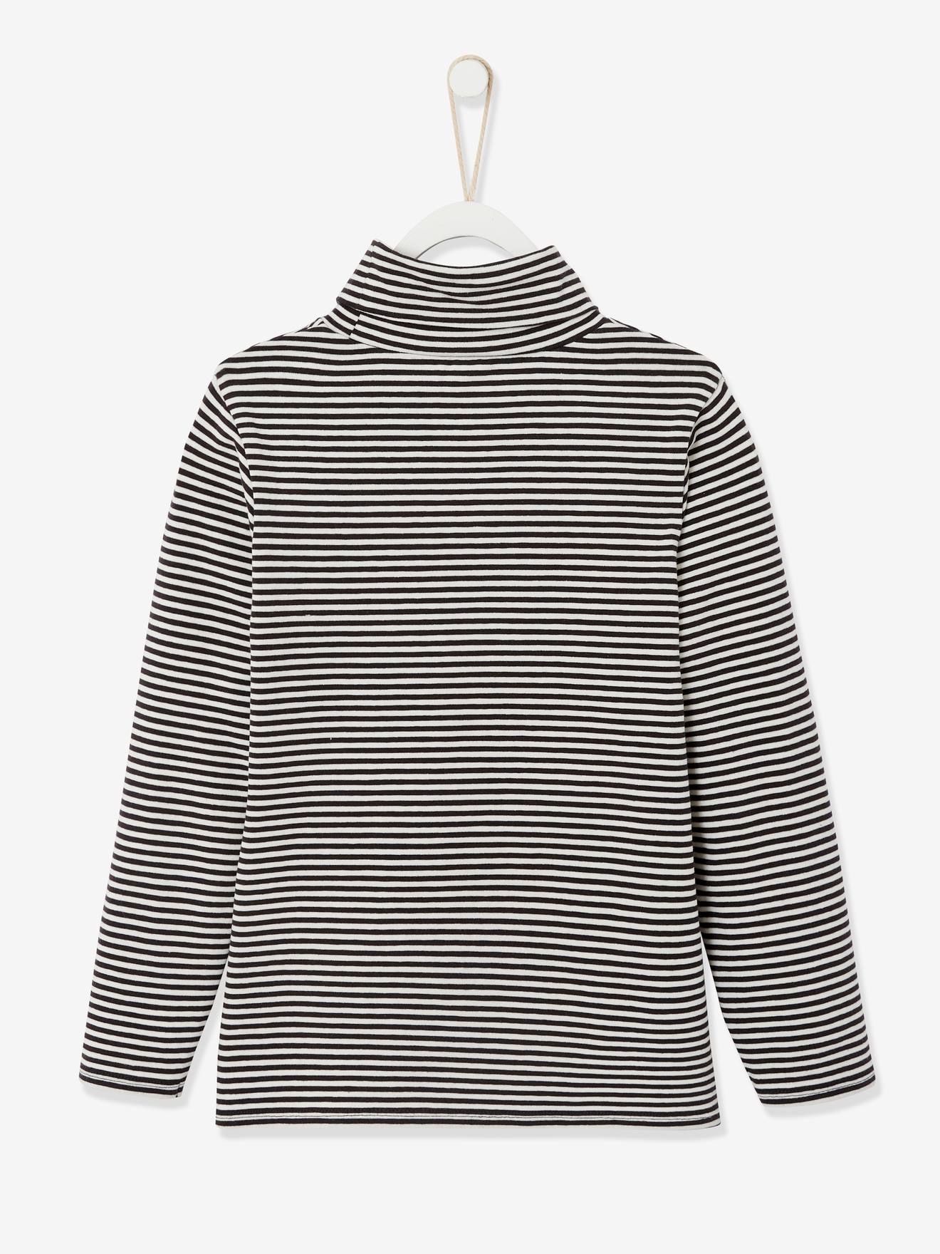 Camiseta de gola alta listrada com detalhes brilhantes, para meninas, tamanho médio, preta listrada.