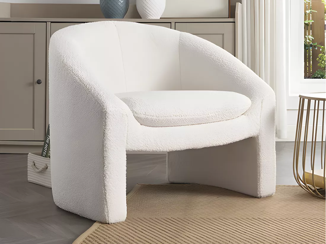 Canapé 2 places et fauteuil en tissu bouclette blanc OSSANA