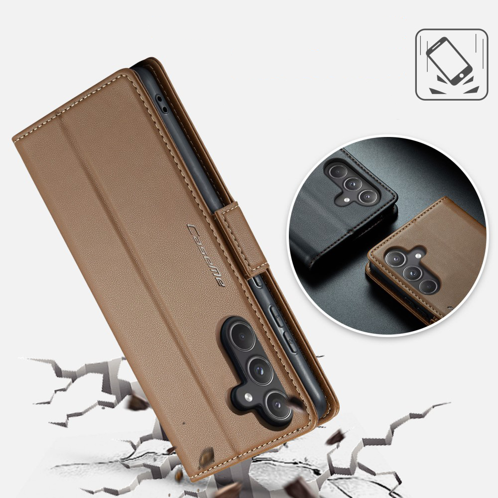 Samsung Galaxy A55 Leder Tasche Flip Wallet Etui mit Kartenfächern Litchi Look (RFID Schutz) - Braun