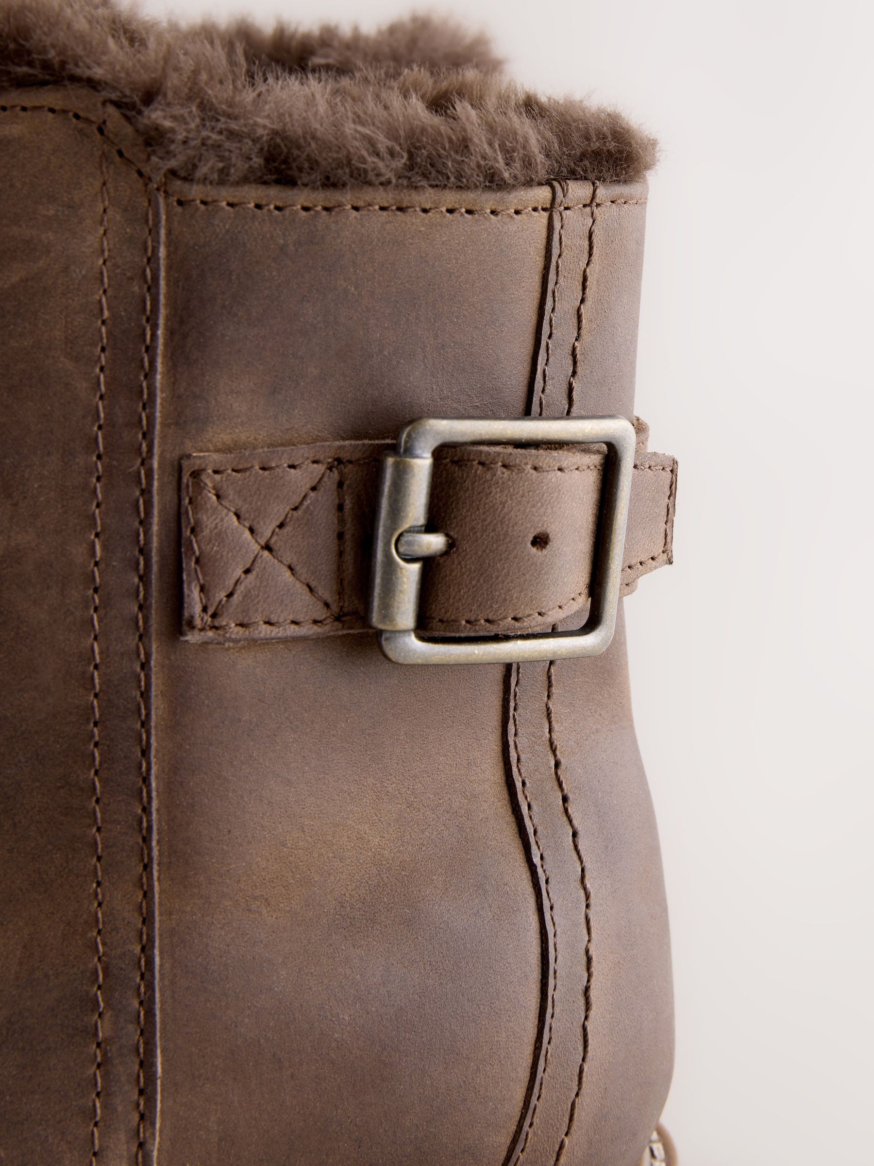 Chocolate Brown Oiled Leather - Forever Comfort® Faux Fur Lined Buckle Trim Ankle Boots