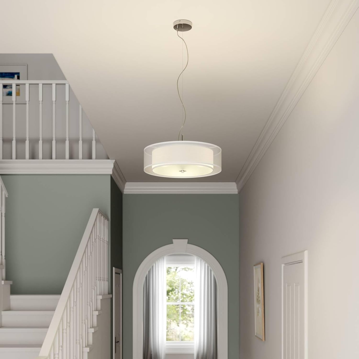 Lindby Pendelleuchte Textil 50 cm, Hängeleuchte Stoff 2 Textilschirme Hängelampe weiß 3x E27 ohne Leuchtmittel Wohnzimmerlampe Schlafzimmerleuchte
