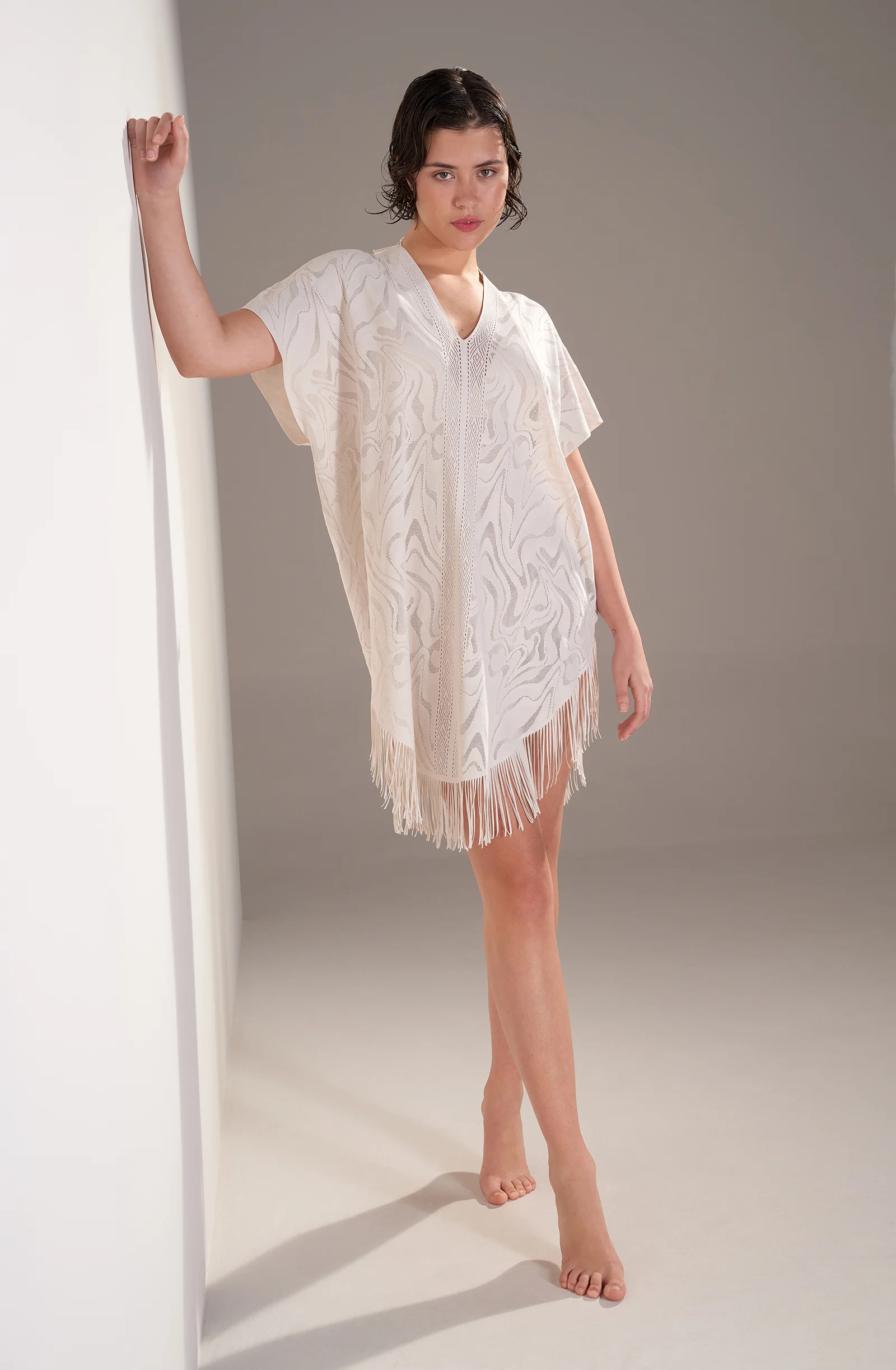 pery Tunique poncho à franges en dentelle ivoire Ivoire