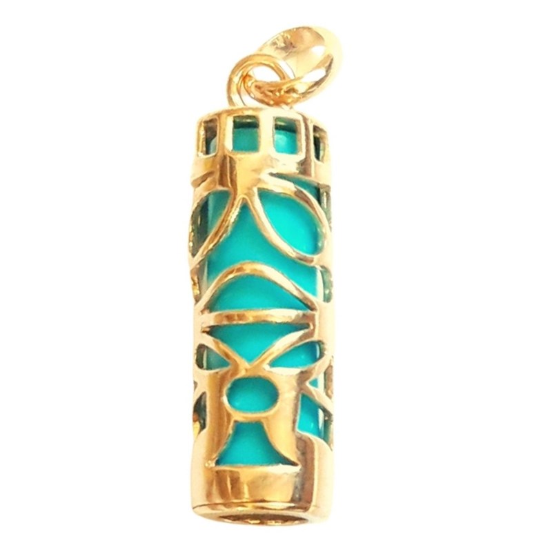 Pendentif Tiki Polynésien bleu turquoise maori en plaqué or 3cm + chaîne symbole sagesse