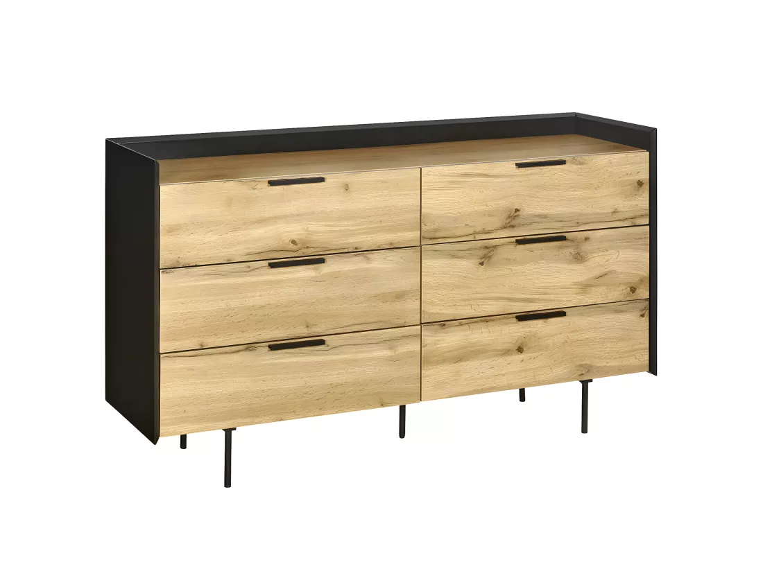 Commode 6 tiroirs panneaux de fibres noir et bois MIKO