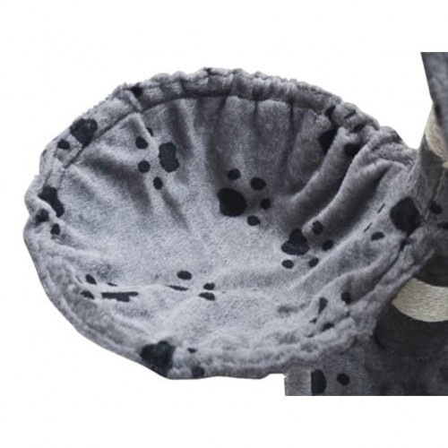 Poste de arranhar de pelúcia para gatos, com estampa de patas cinzas.