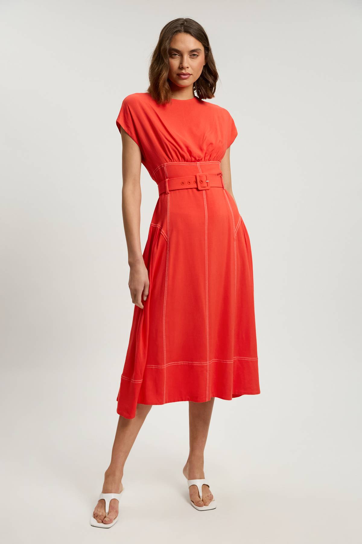 KarenMillen Robe Midi Ceinturée À Surpiqûres Contrastées
