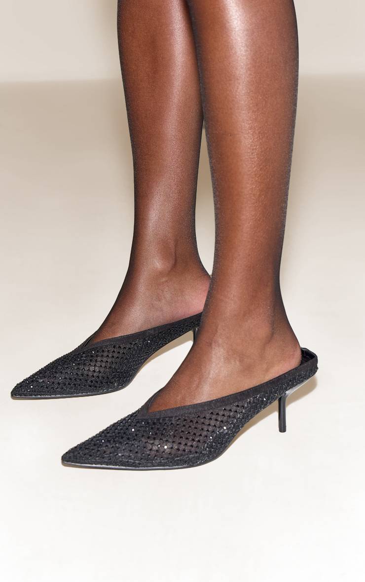 Noir Mules À Talon Avec Maille Ornée De Strass Et Découpe En V