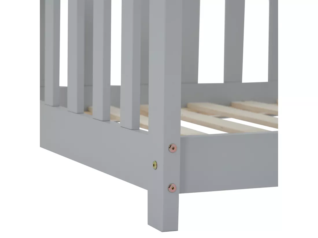 Lit cabane lit enfant 90x200cm en bois massif avec protection antichute et sommier à lattes - Gris