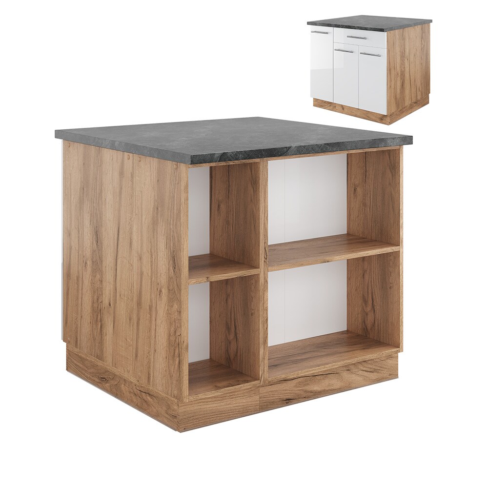 Vicco Kücheninsel Küchenblock Einbauküche Fame-Line Eiche Weiß 90 cm modern Hochglanz Küchen Schränke Apothekerunterschrank Schubunterschrank Regalinselunterschrank Softclose-Scharnier Küchenmöbel