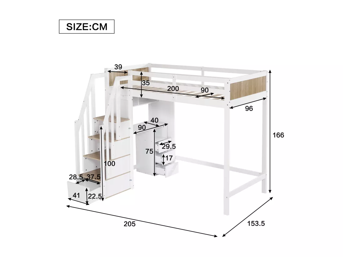 Lit mezzanine enfant - 90 x 200 cm - 4 rangement dans l'escalier - bureau avec 3 tiroirs - pin+MDF - blanc+naturel