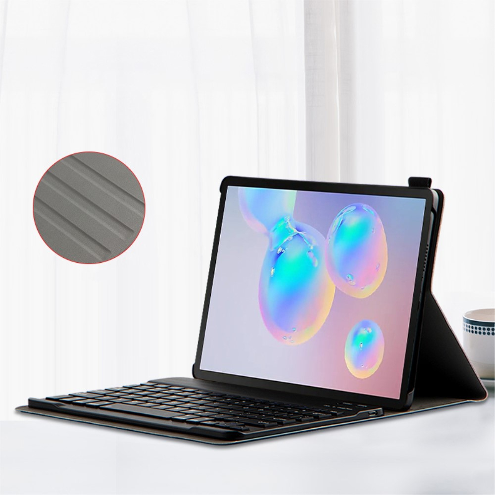 Samsung Galaxy Tab S6 Leder Tasche mit Bluetooth Tastatur (QWERTY)   Touch Pen Halterung Litchi Look - Schwarz