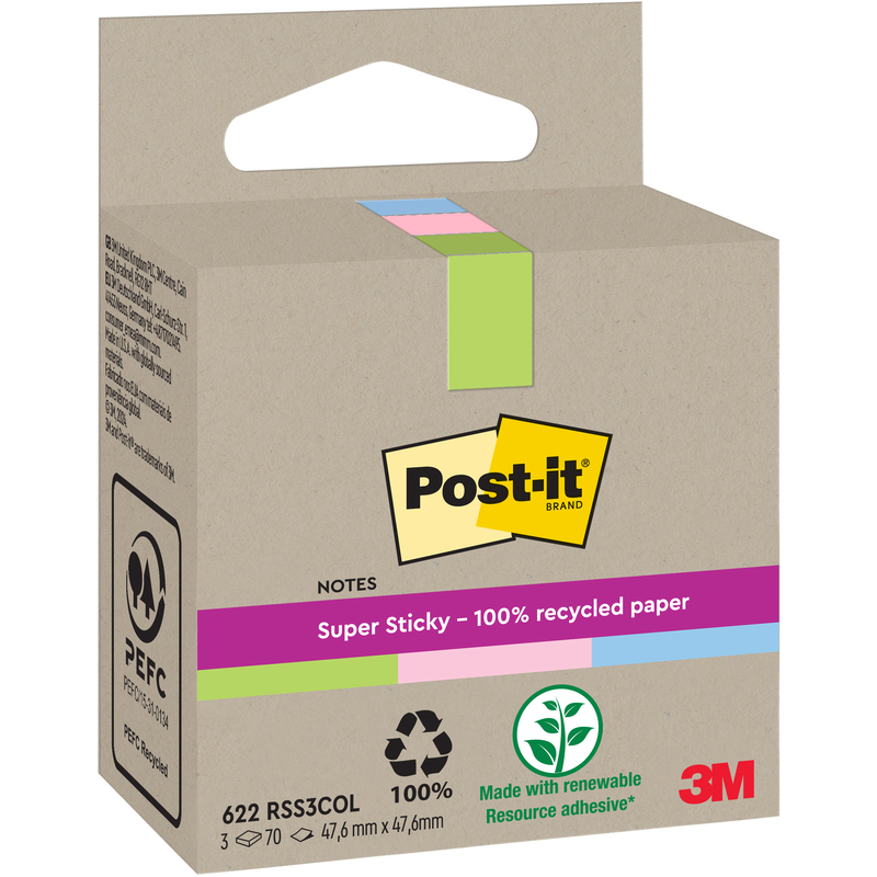 Post-it Haftnotizen Super Sticky Recycling, assortiert, 47.6 x 47.6 mm, 3 x 70 Blatt
