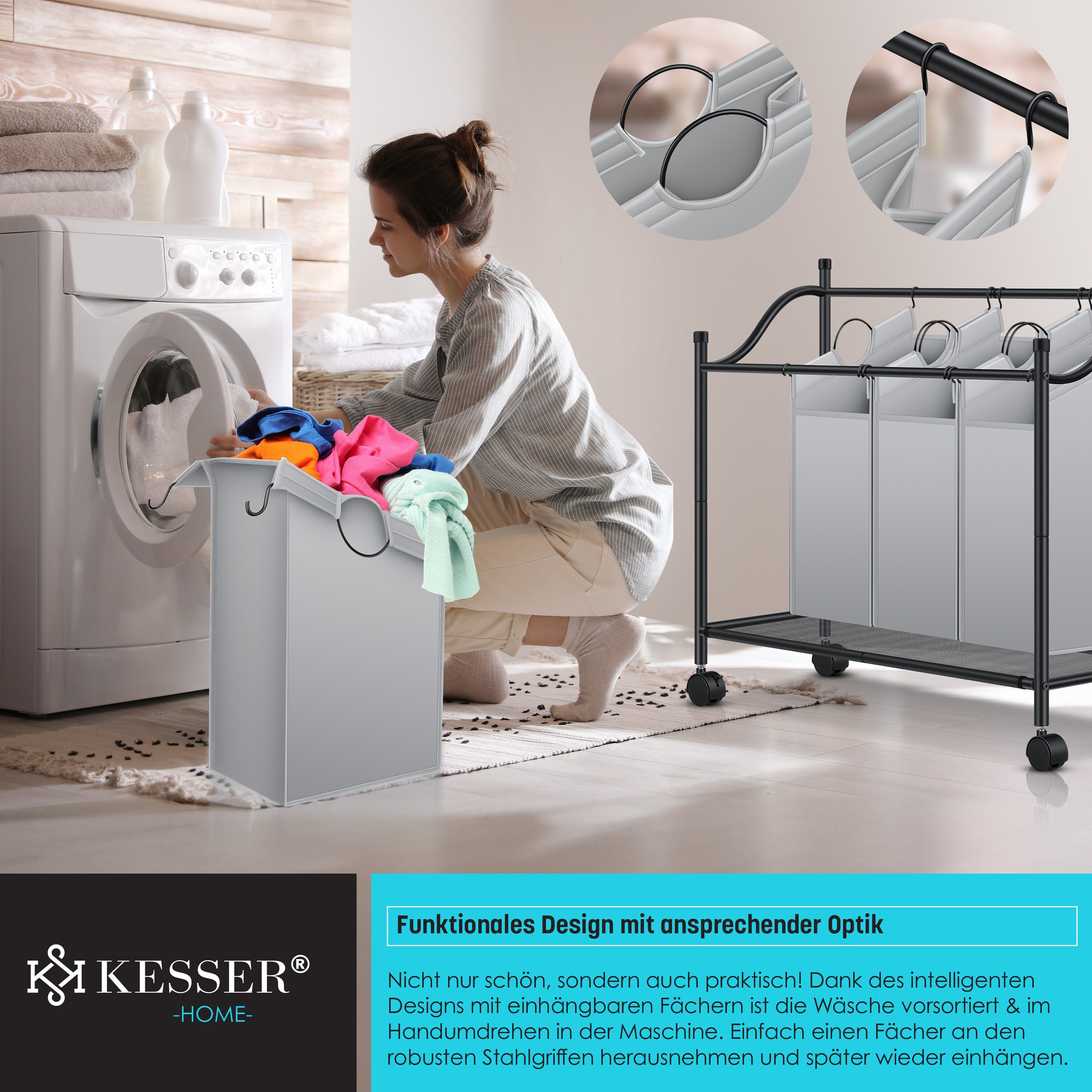 KESSER® Wäschekorb Wäschesammler Wäschesortierer mit abnehmbaren Stofftaschen | Wäschebox mit 12 Waschhinweisen 360° Rollen mit Bremse Wäsche-Sortiersystem Wäschewagen