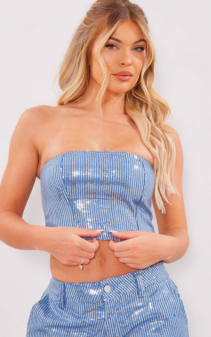 Light Blue Wash Top Bandeau À Sequins