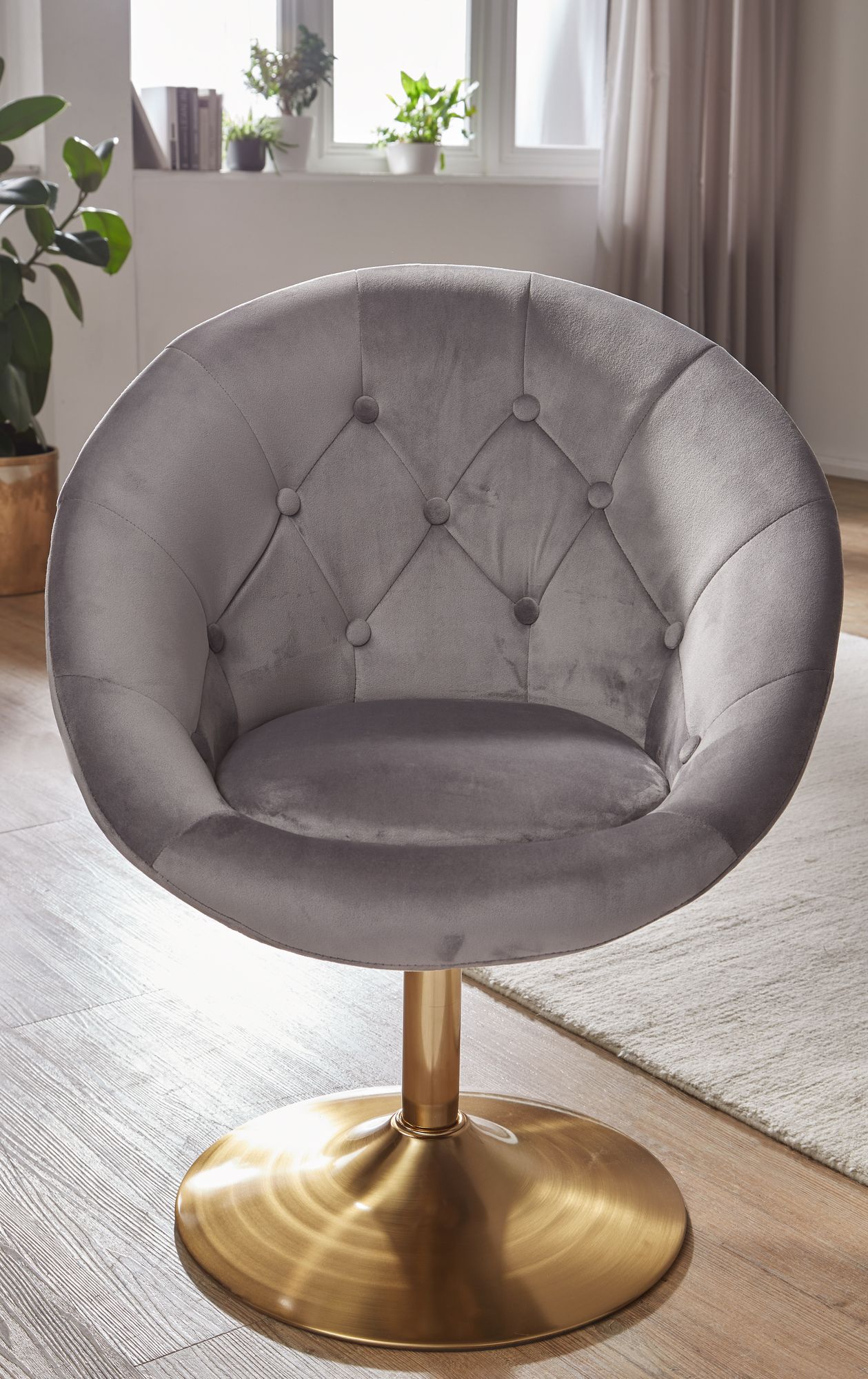 KADIMA DESIGN Chesterfield-Loungesessel ADDA: 360° Drehfunktion, Samtbezug, Trompetenfuß, 67x80-100x62 cm, Rosa/Blau/Grau.