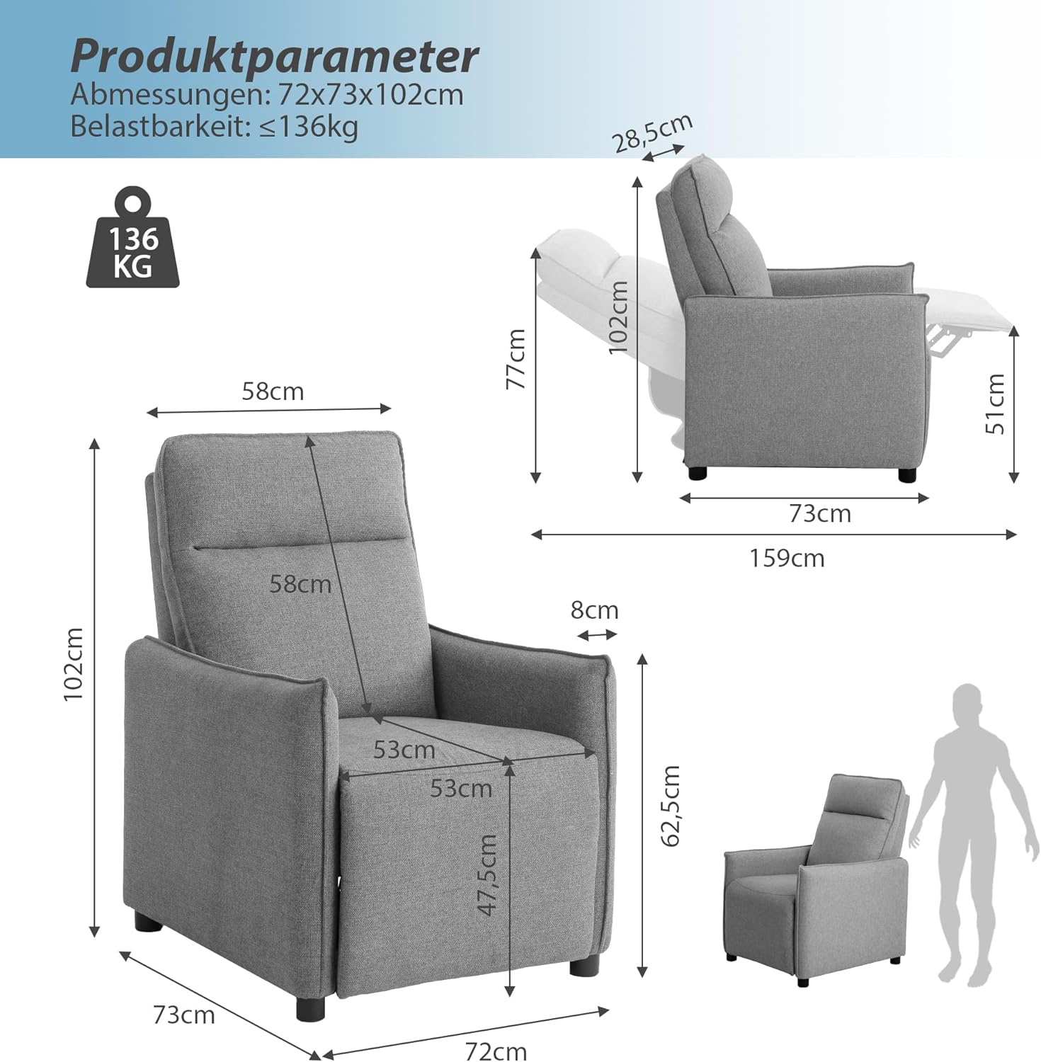 Relaxsessel Modern Sofa 1 Sitzer Stillsessel, Ruhesessel Bettsessel Schlafsessel Einzelsofa Liegefunktion, Wohnzimmersessel Relaxliege Loungesessel Fernsehsessel mit Rückenlehne Navy Blau