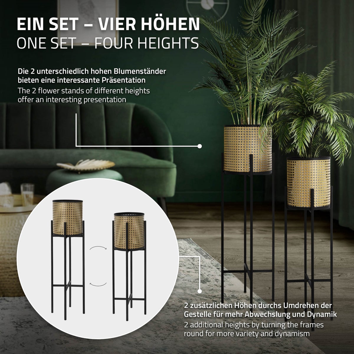 ML-Design Bloemenstandaard 2-delige set zwart-goud 16,5x16,5x80,5 cm/19x19x90 cm, staal, bloempotstandaard met plantenbak, metalen plantenstandaard, 2-delige bloempothouder, bloempot, bloemenkolom, bloemenkruk