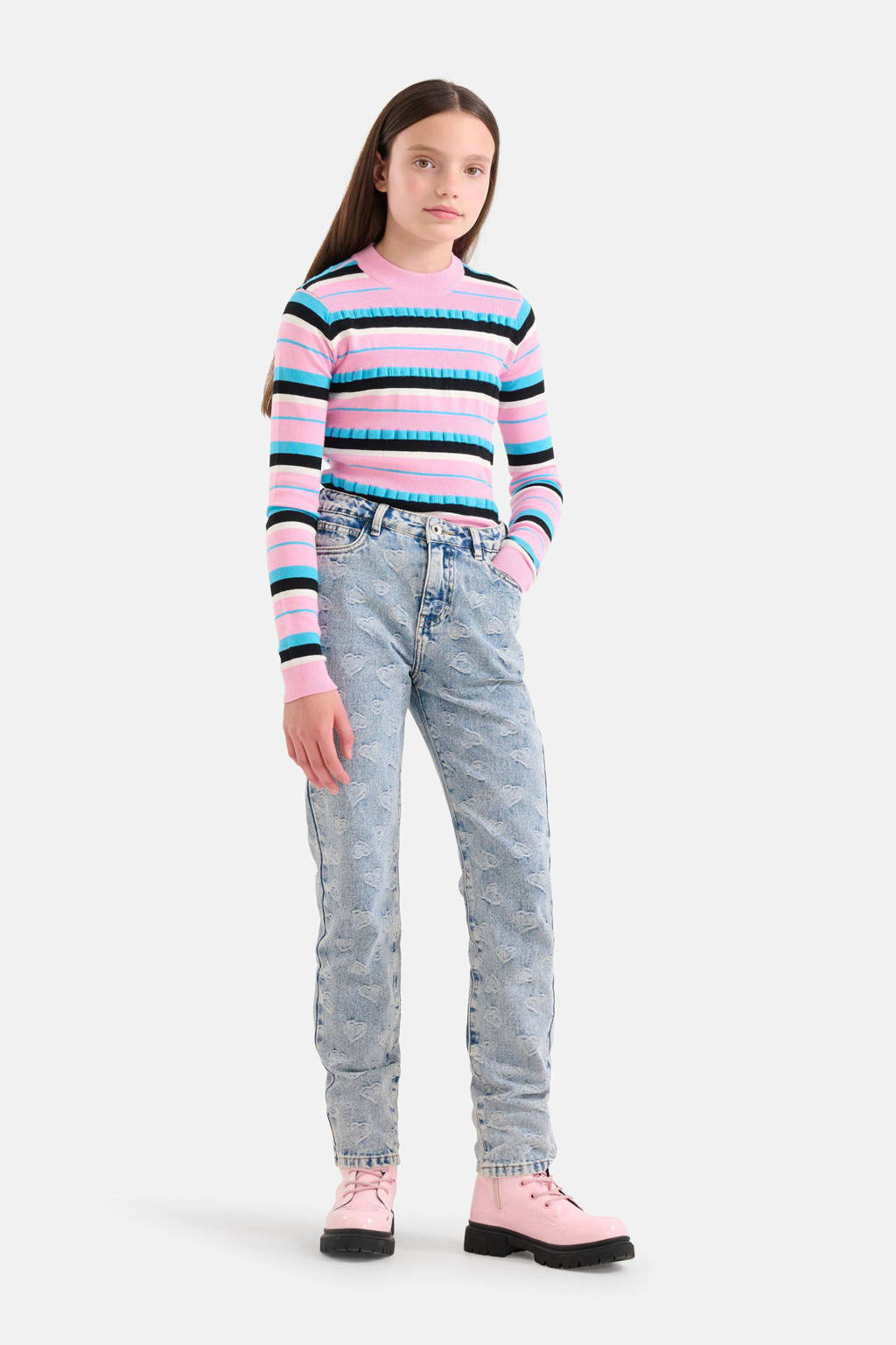 Shoeby high waist tapered fit jeans met jacquard light blue denim