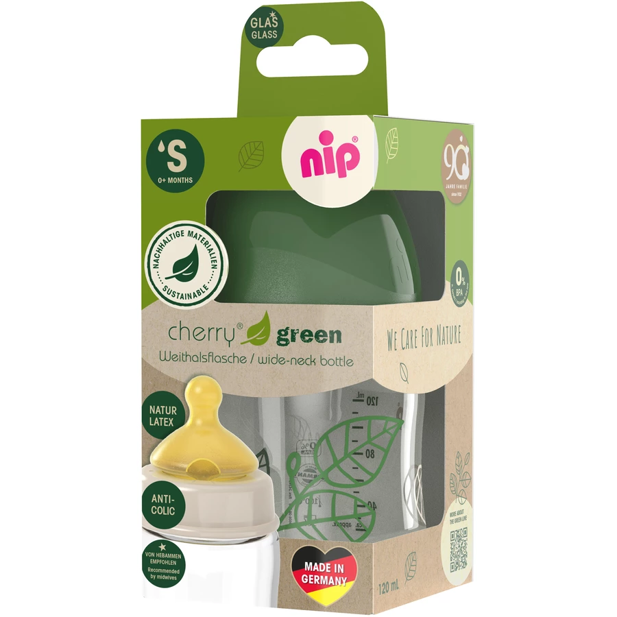 nip® Weithalsflasche cherry green Boy, 120 ml, Grün aus Glas