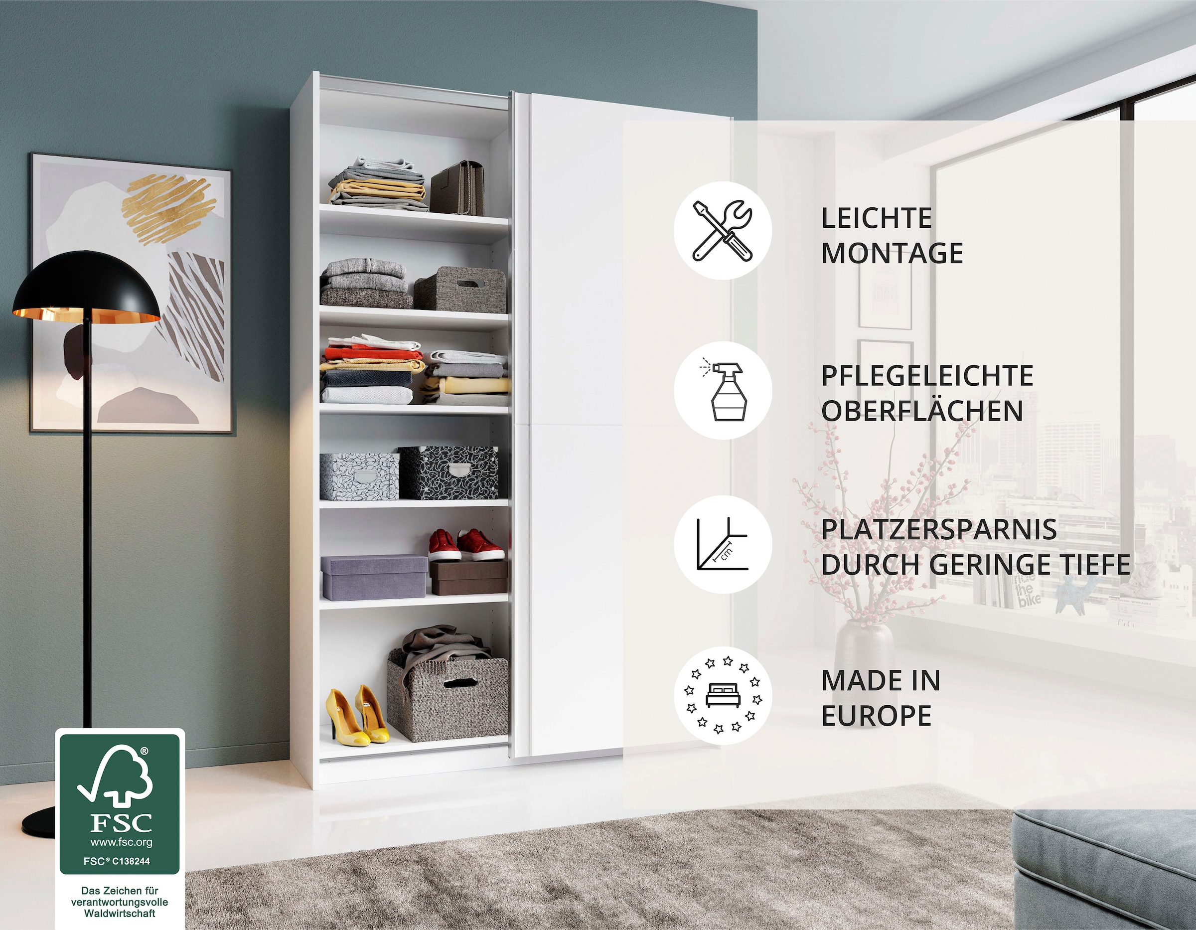 Schlafkontor Schwebetürenschrank »Heimo/Fast Schrank Kleiderschrank Garderobe« geringe Tiefe, ausziehbarer Kleiderstange, Garderobenschrank, 6 Böden