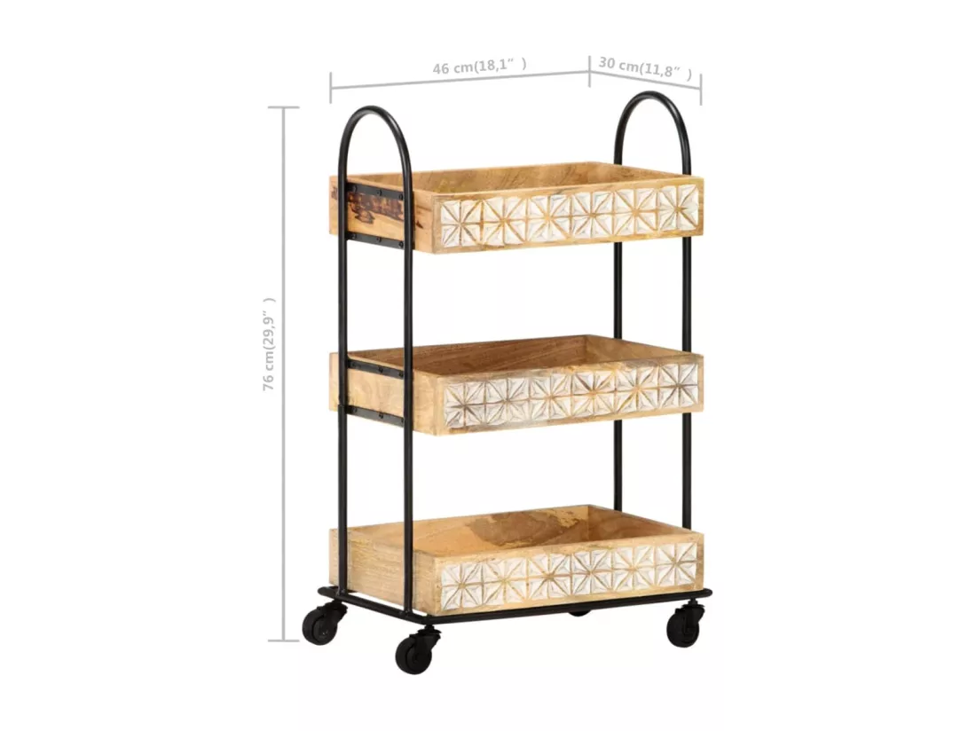 Chariot de cuisine à 3 niveaux 46x30x76 cm Bois de manguier