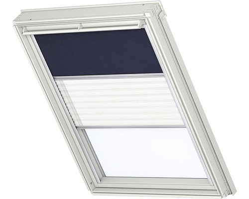 VELUX Advantage Set: Verduisterend rolgordijn, effen donkerblauw, en plisségordijn, wit, handmatig, aluminium frame, DFD C02 1100S