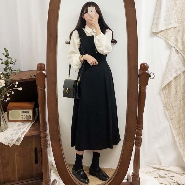 Leoom - Effen blouse met lange mouwen / Midi A-lijn overalljurk