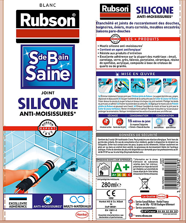 Mastic Rubson Sanitaire Salle de bains Saine Mastic blanc cartouche 280ml