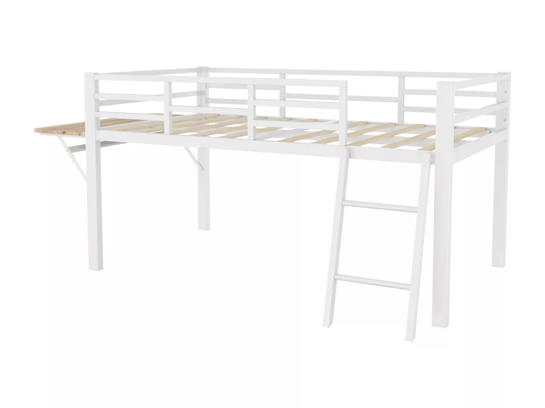 Lit mezzanine 90x200cm en métal avec LED - avec bureau abattant et sommier à lattes - Blanc