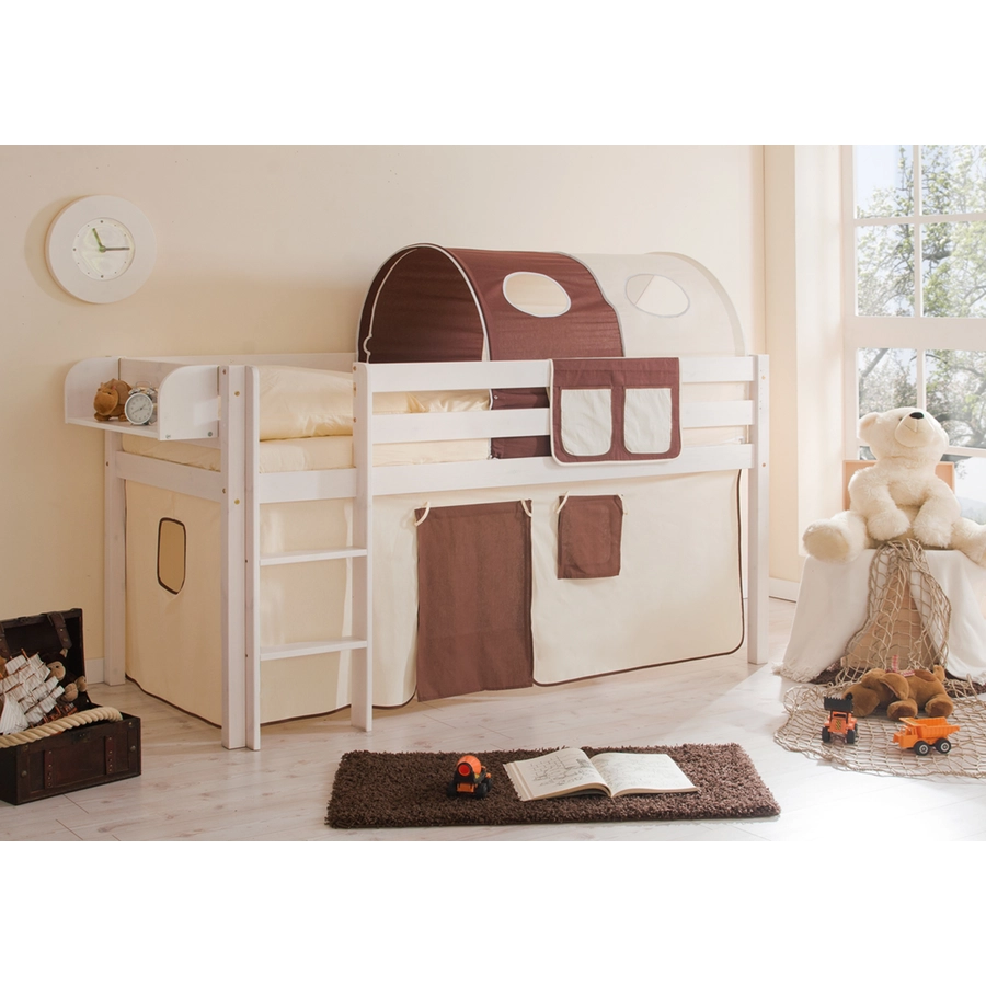 TICAA Hochbett Malte Kiefer Weiß Classic Beige-Braun