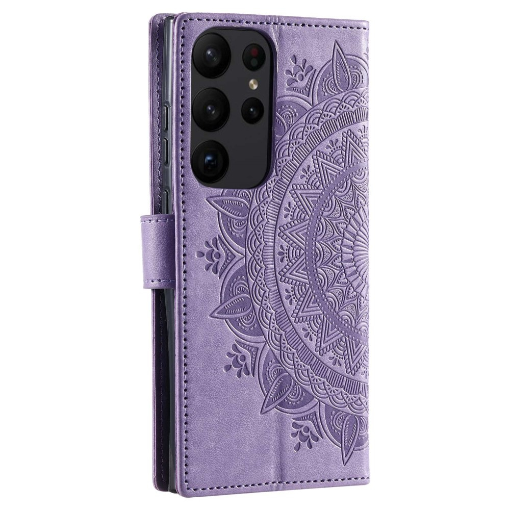 Samsung Galaxy S23 Ultra 5G Leder Tasche Wallet - Mandala Flowers Imprint - Violett