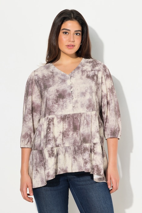 Bluse, Batikdruck, A-Linie, V-Ausschnitt, Langarm