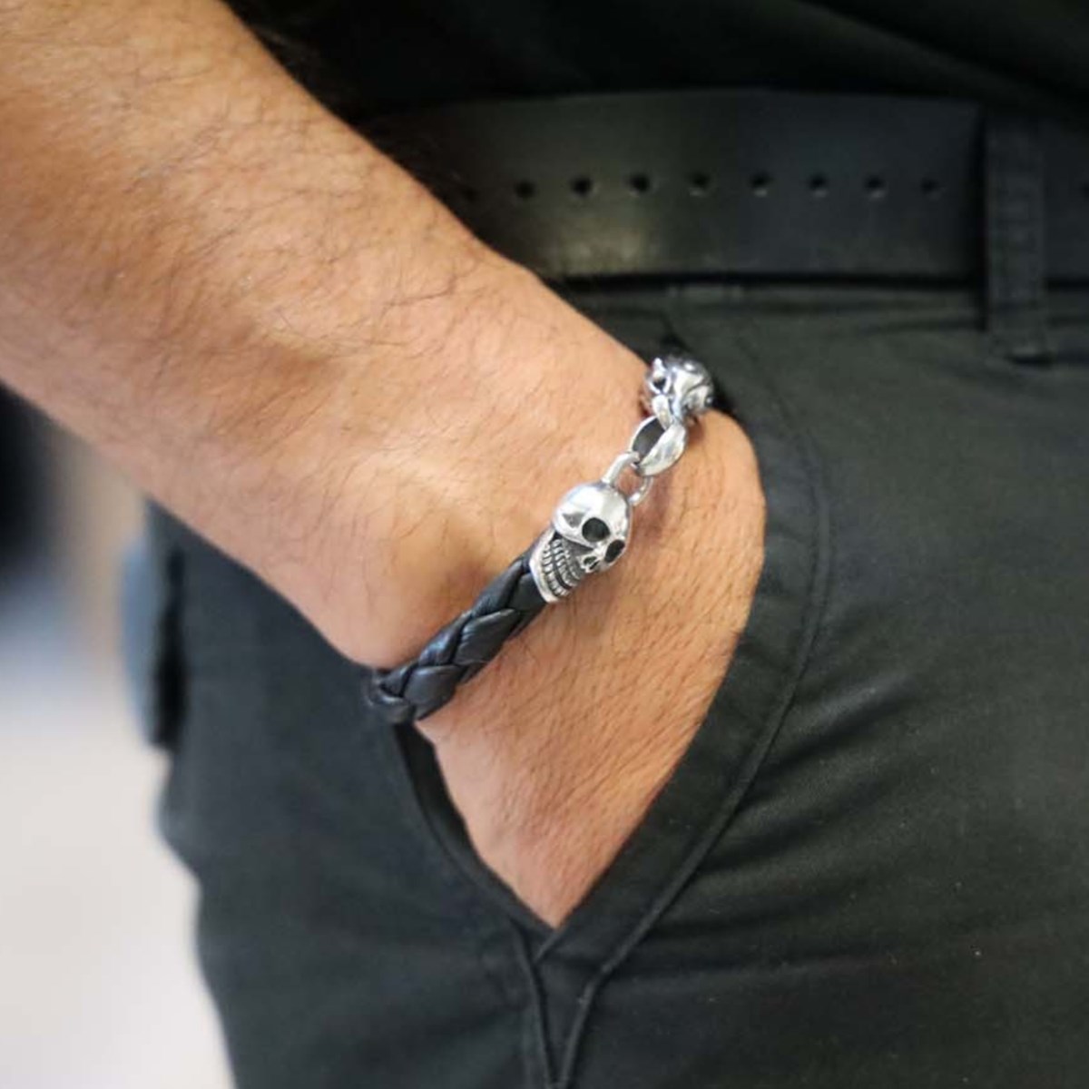 Bracelet Homme Cuir Tête De Mort Marron Et Argent