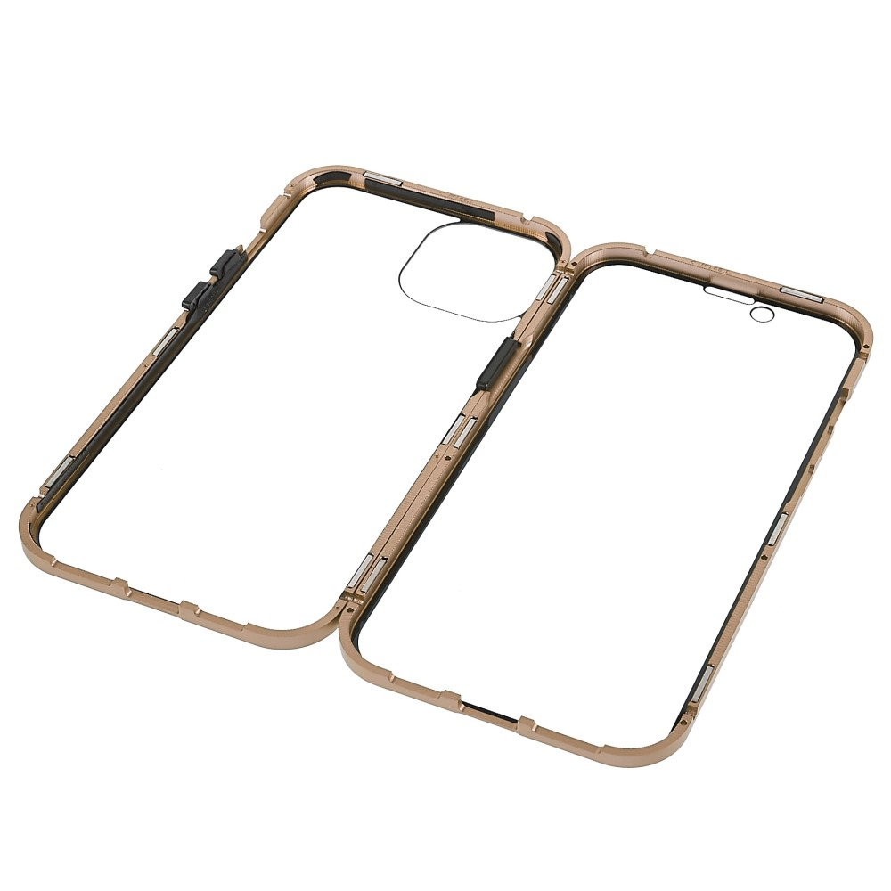 iPhone 14 Magnetische Alu Schutzhülle mit Panzer Glas Backcover   Displayschutz (Magnet-Technologie) - Gold