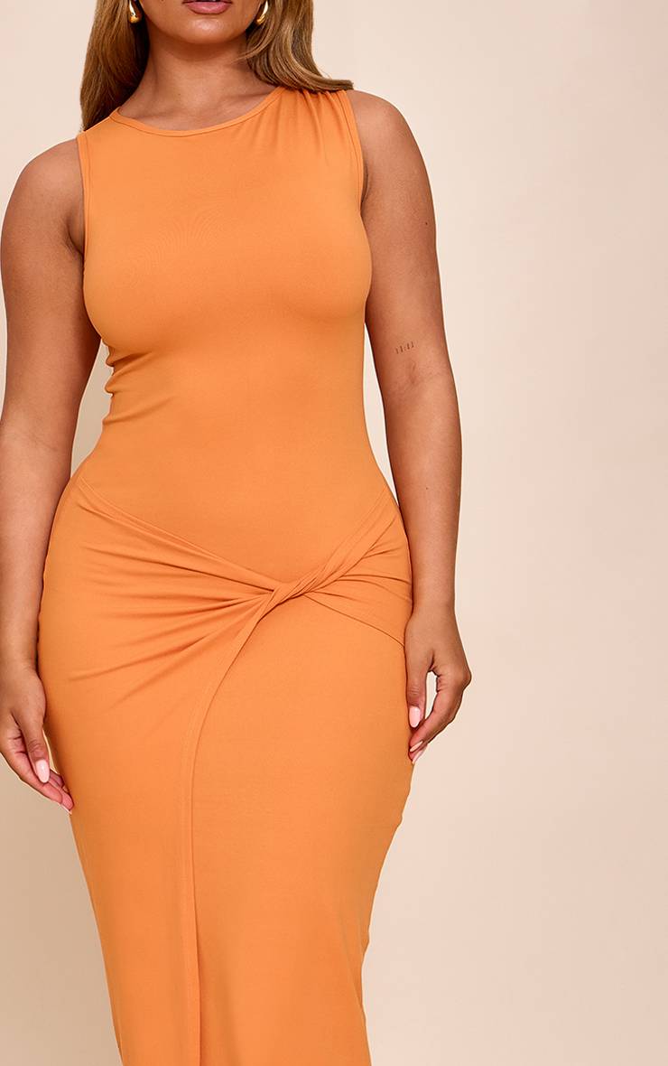 Abricot Robe Maxi Sculptante Moulante Col Bateau Taille Nouée