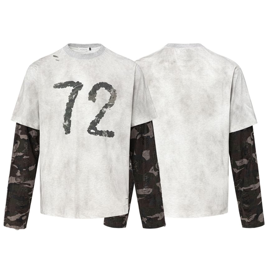Derbundy - Versleten T-shirt met lange mouwen, ronde hals en nummerprint, oversized