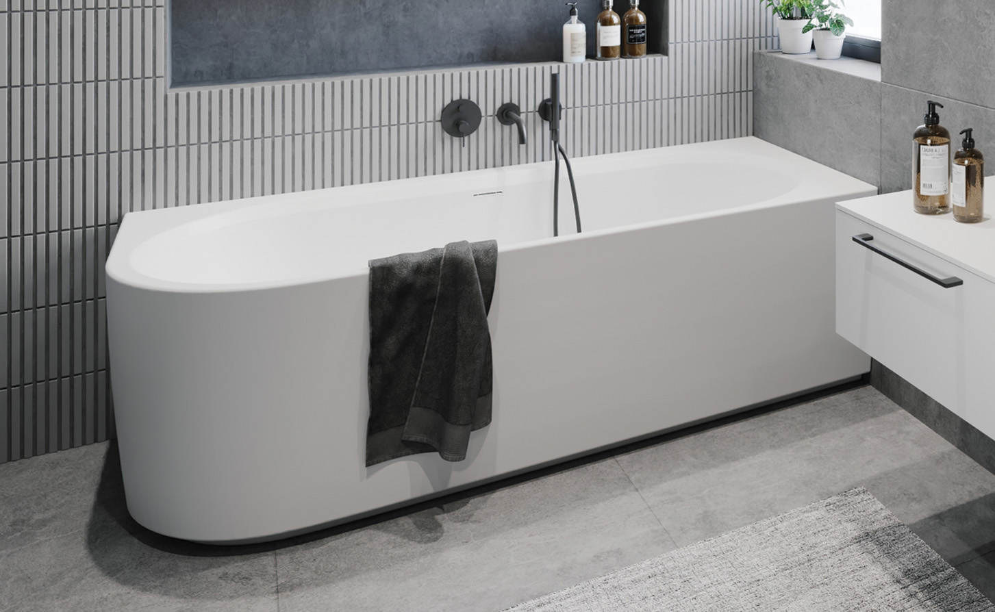 Riho Desire half vrijstaand bad rechts 184x84cm wit mat met Fall overloop