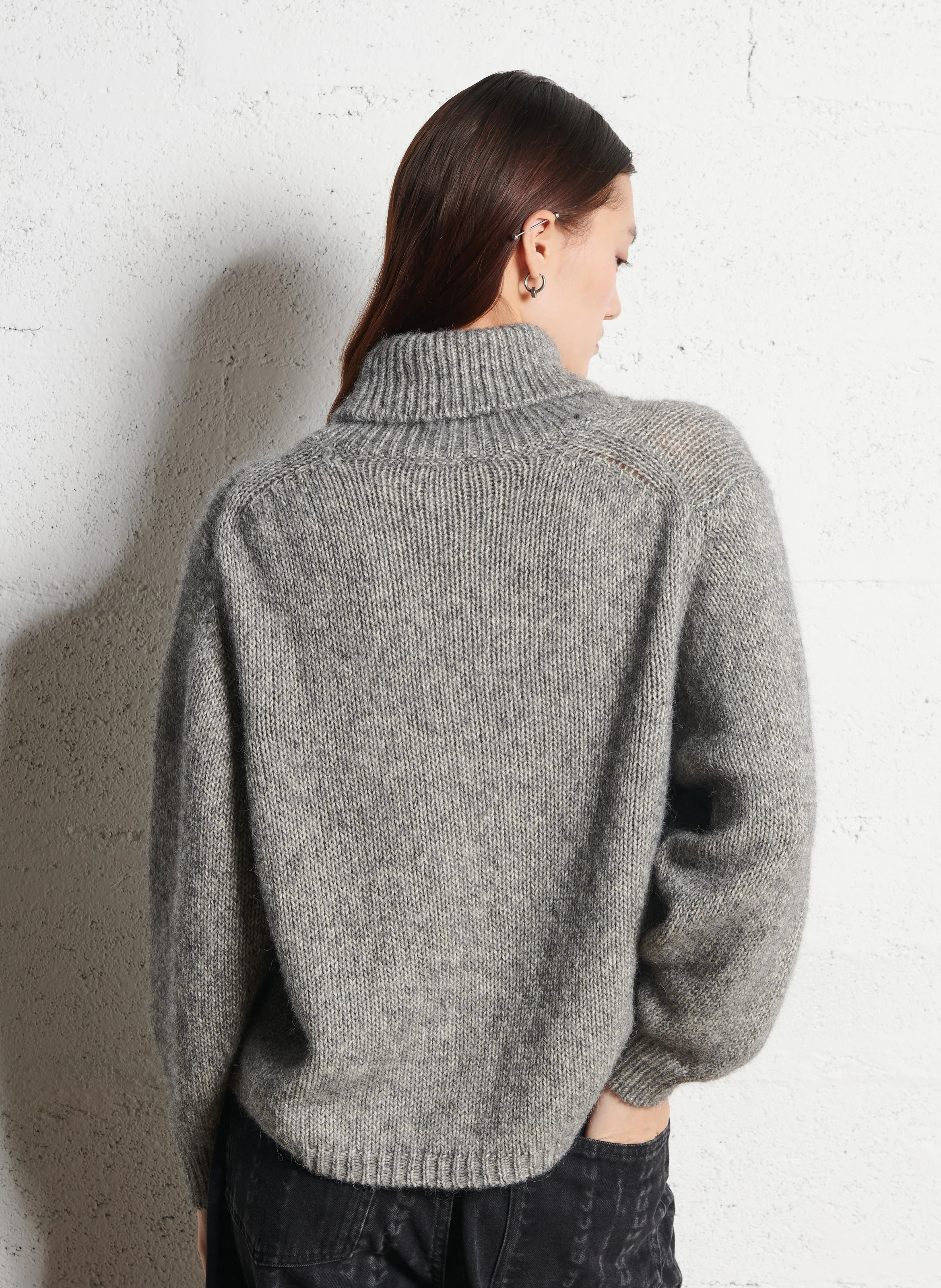 ALOVIE - Pull oversize col roulé en coton mélangé | Gris