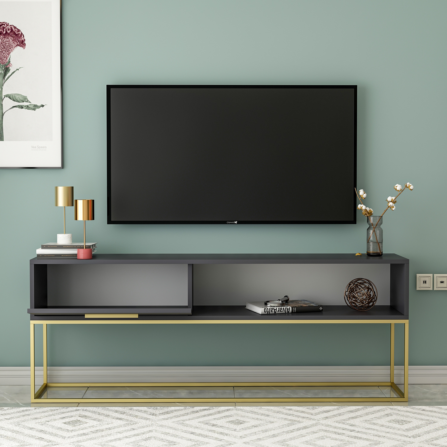 TV-Lowboard - grau-goldfarben - mit Türklappe - 160 cm