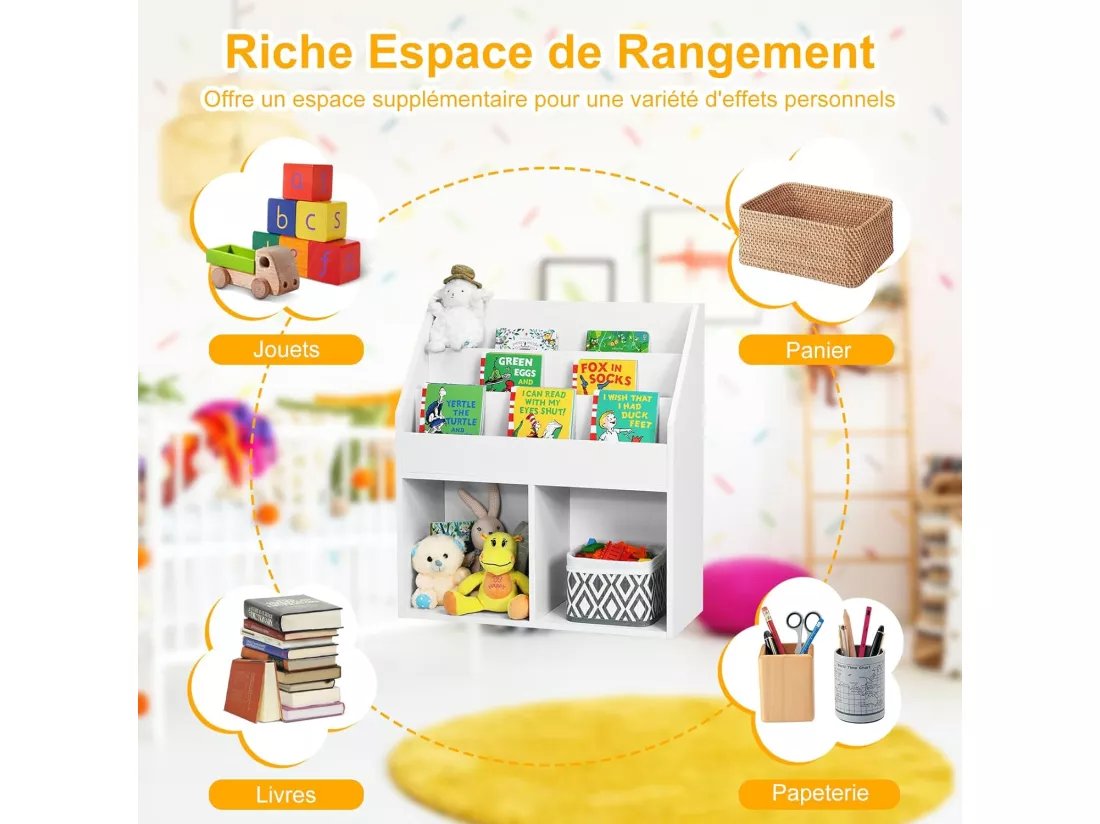 Bibliothèque enfants en bois avec 3 compartiments & 2 cubes ouverts,70 x 30 x 80cm