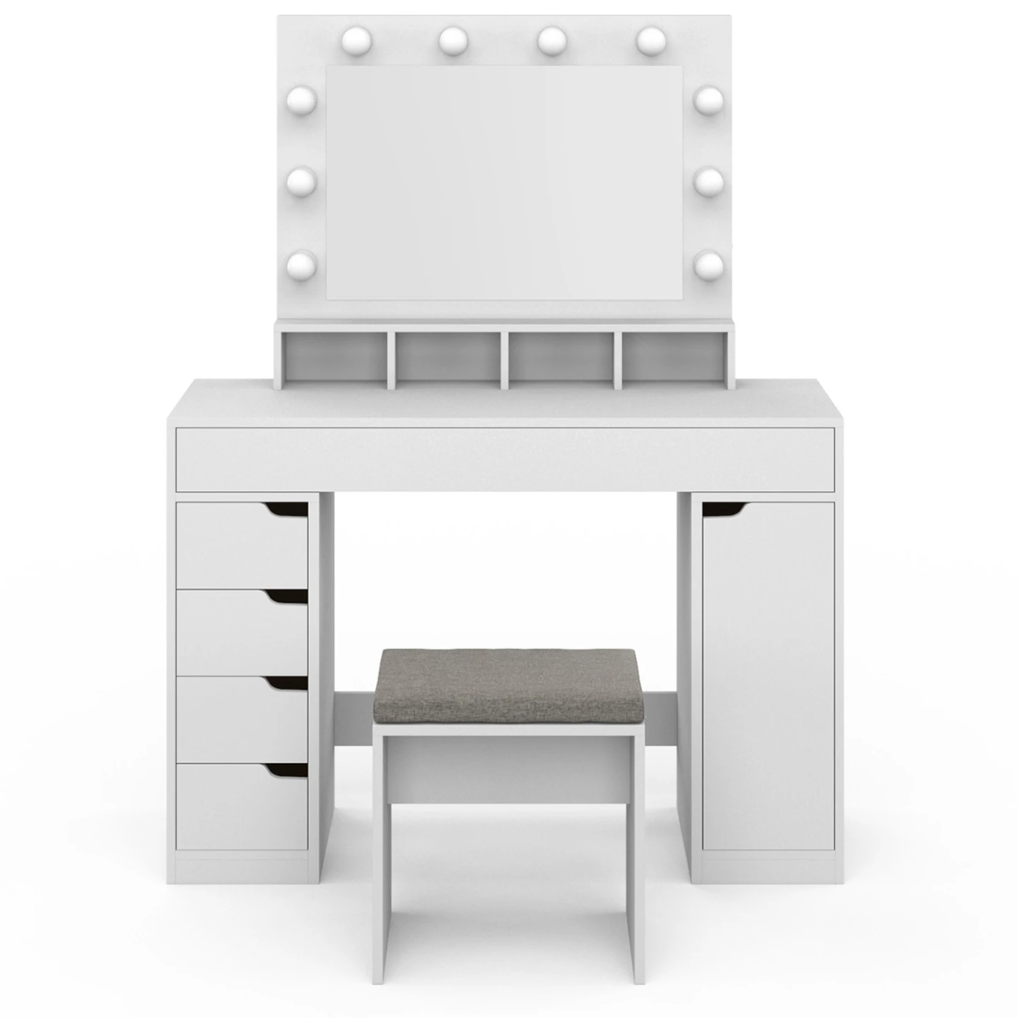 Coiffeuse ZELIA blanche miroir LED avec 4 niches, 5 tiroirs, 1 caisson de rangement et tabouret rembourré