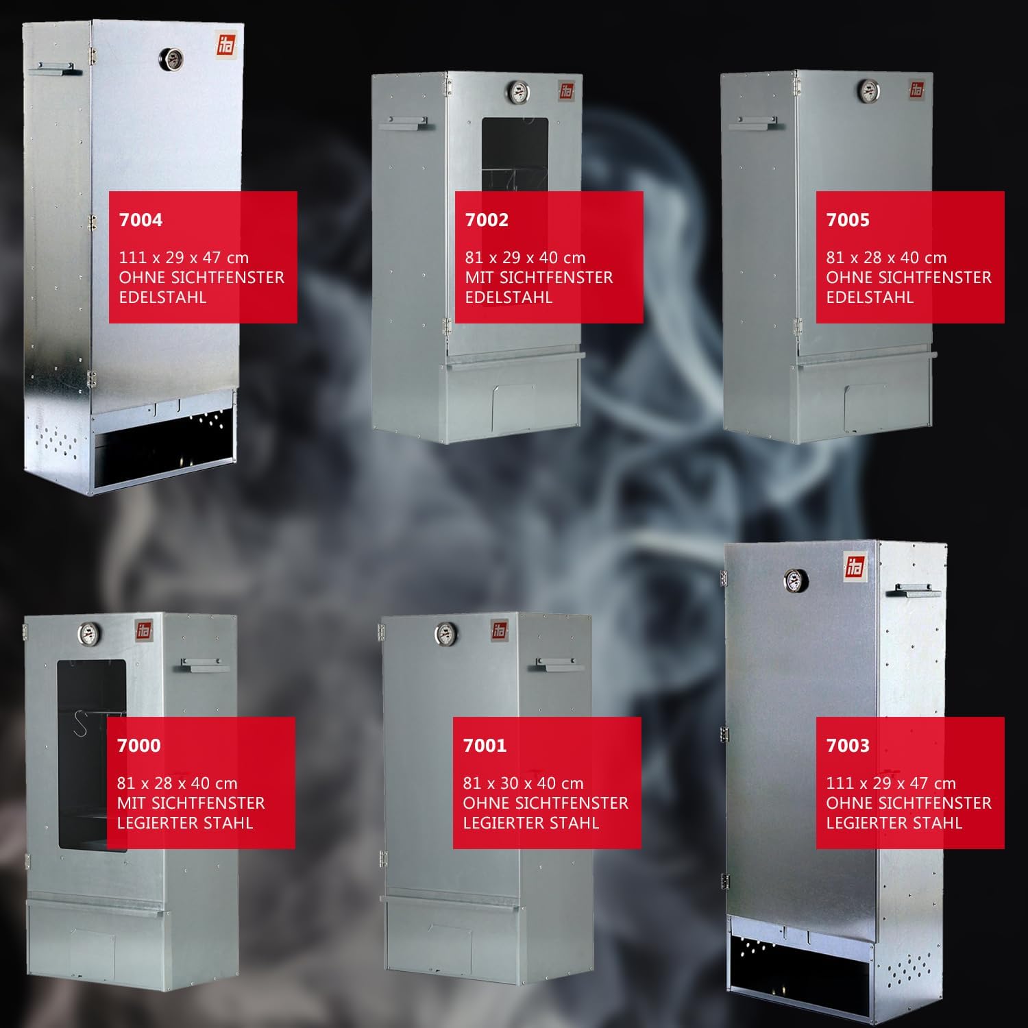 ITA Räucherofen 7012 - Smoker Set mit Tisch & Räucherspänen - Räucherschrank mit 3 Etagen - Legierter Stahl, mit Sichtfenster & Kaminabzug - Qualität Made In EU Direkt vom Hersteller