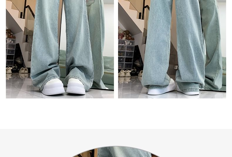 Pinatra - Mid Waist Bow Borduursel Washed Wide Leg Jeans