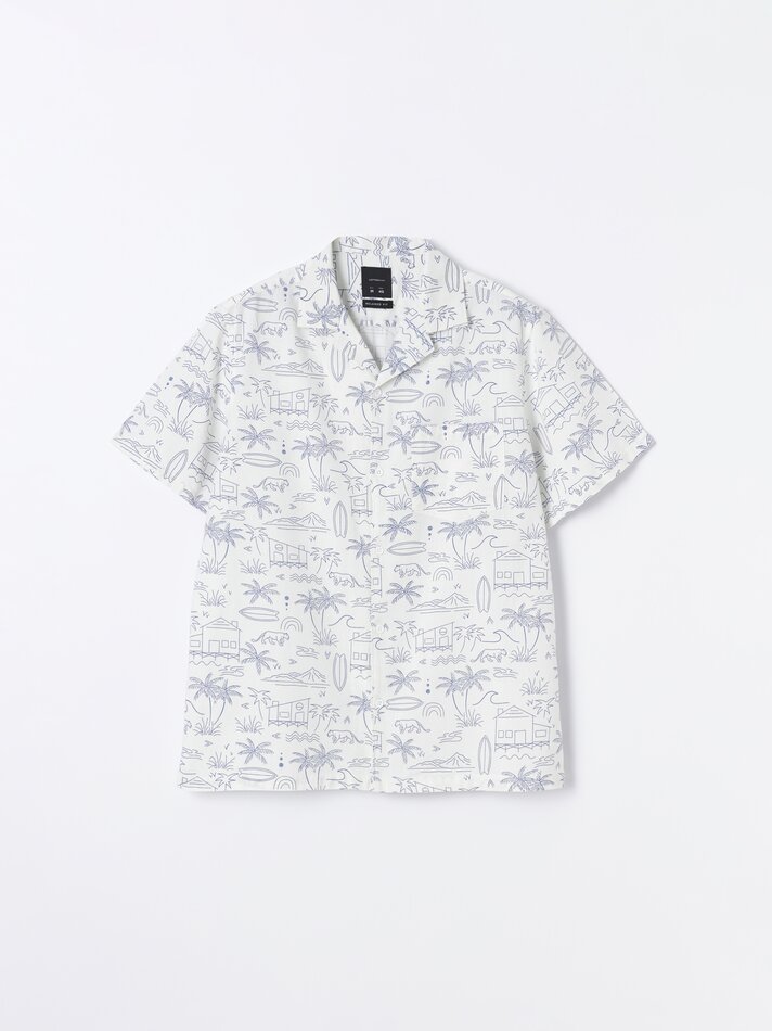 Camisa resort em algodão e linho - Azul Médio